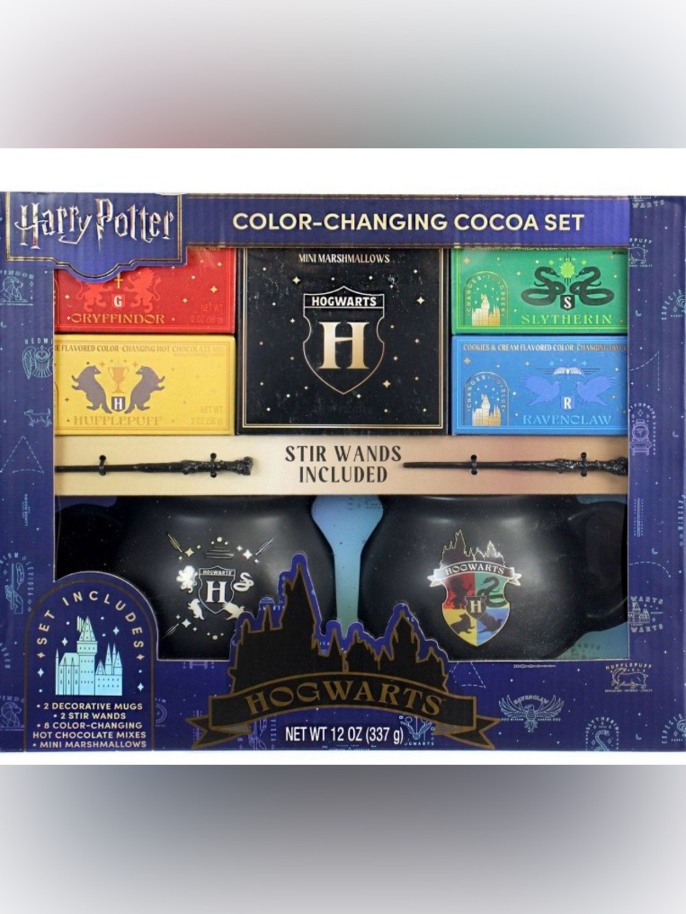 Harry Potter Hogwarts Color Changing Hot Cocoa Gift Set 2 Mugs 2 Wands NIB